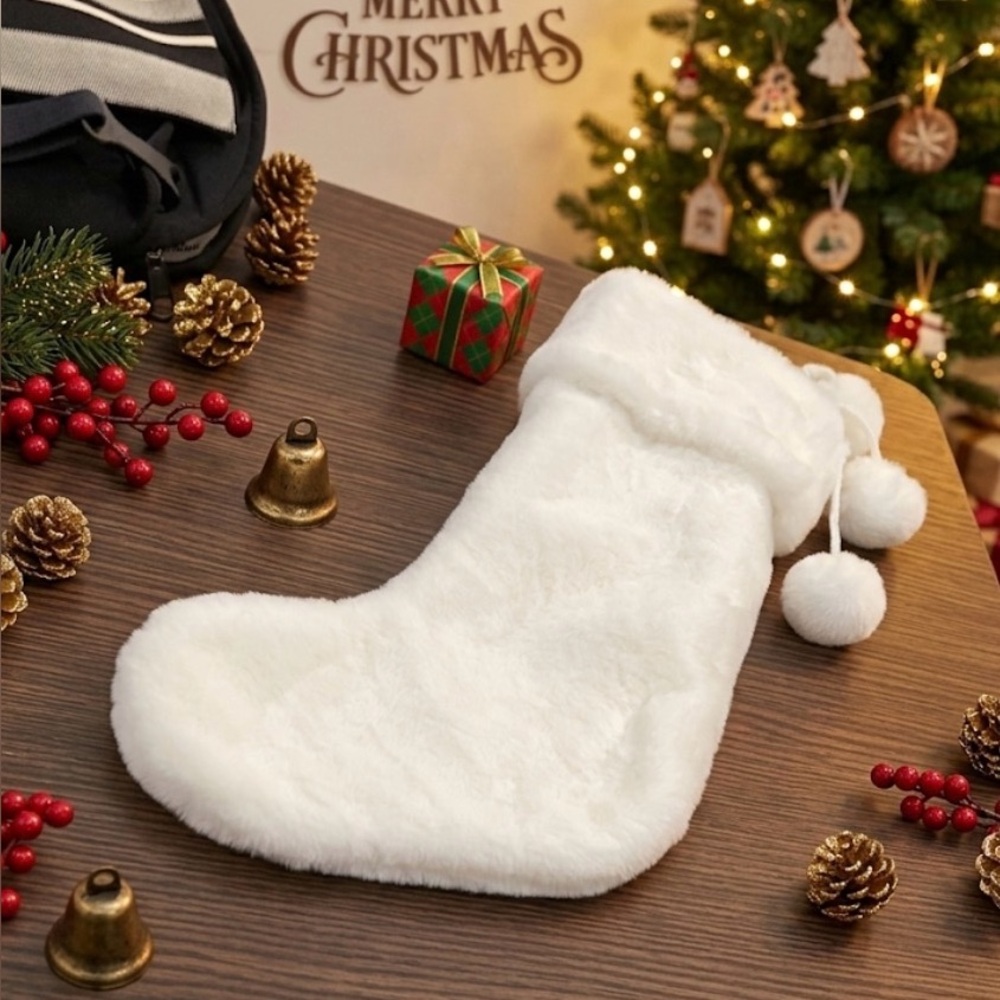 Set of 4 - Martha Stewart Plush White Holiday Stockings with Pom-Pom Trim